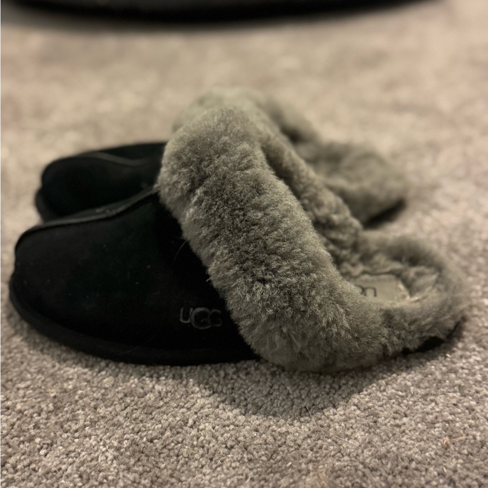 UGG Black Slippers with Gray Fur Lining